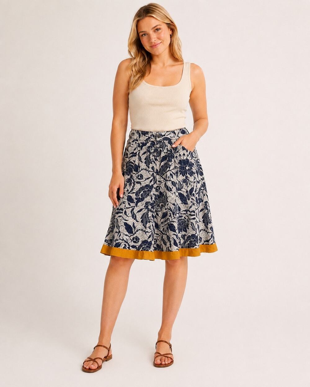Boho Floral A-Line Skirt Old Navy Size 12 Blue Cream Contrast Hem